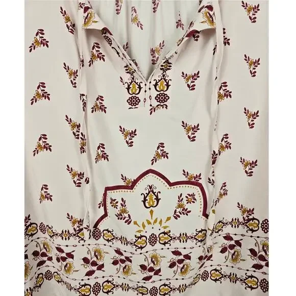 Bobeau White Peasant Blouse Sz S Burgundy Gold Floral Print Boho Long Sleeve Top - Picture 4 of 4